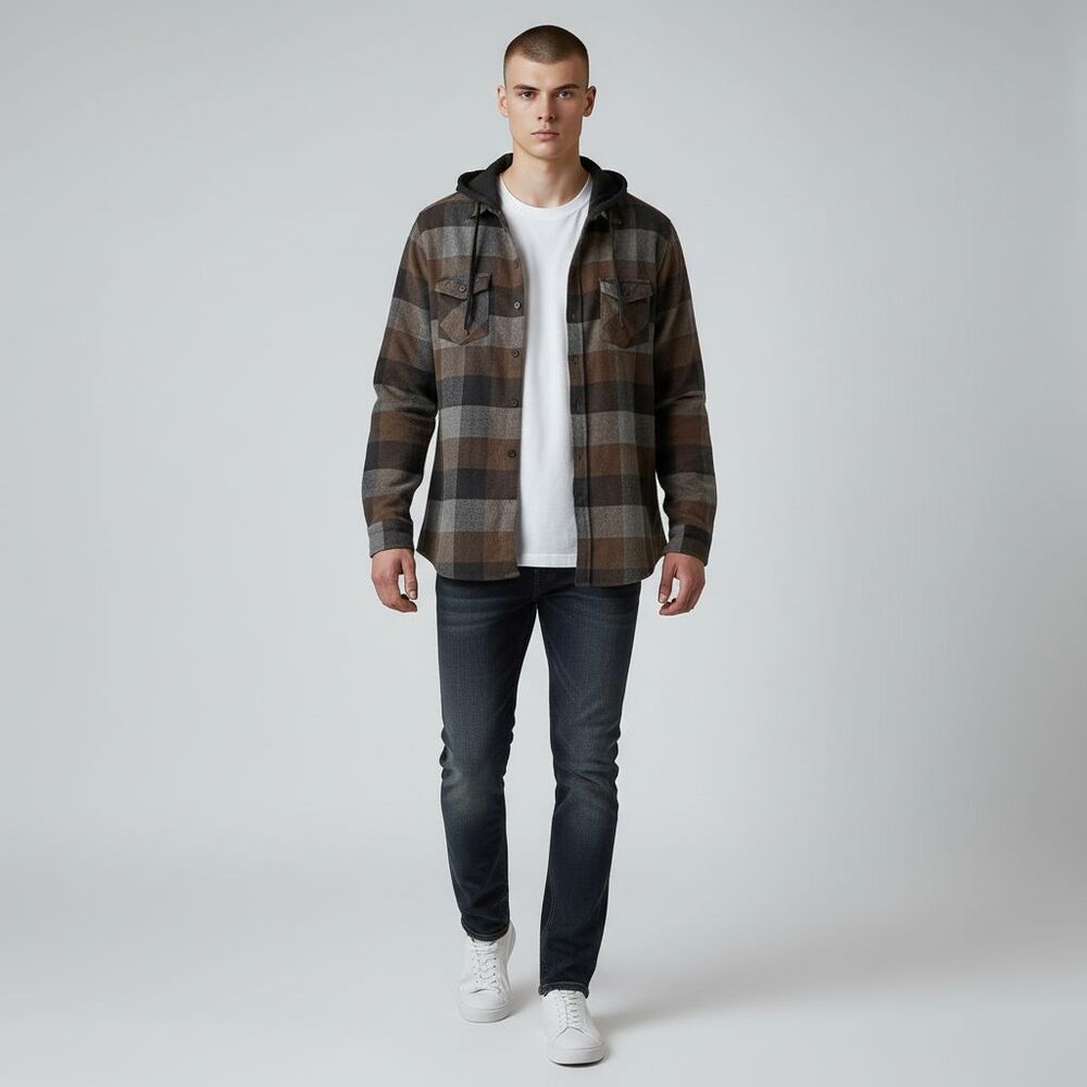 ReVess Hooded Plaid Flannel Shirt Jacket Mens Large Brown Gray Button Up Shirt